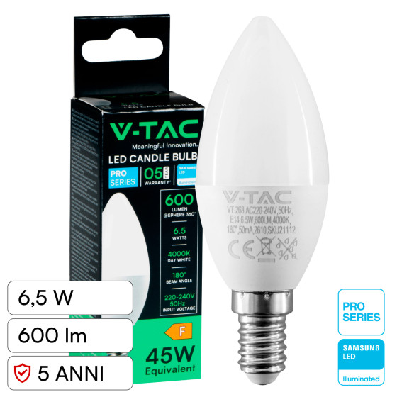 Lampadina LED E14 6,5W Candela C37 SMD Chip Samsung V-Tac Pro Lampadina LED E14 6,5W Candela C37 SMD Chip Samsung V-Tac Pro