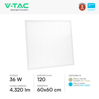 VT-61036 Pannello LED Samsung SMD Quadrato 60x60 36W Incasso Driver