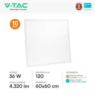 VT-61036 10 Pannelli LED Samsung SMD Quadrati 60x60 36W Incasso
