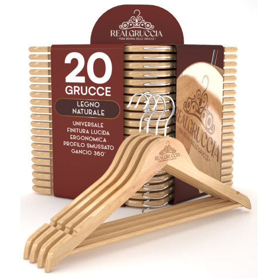 20 Grucce Legno Naturale con Barra Portapantaloni Tacche Antiscivolo 20 Grucce Legno Naturale con Barra Portapantaloni Tacche Antiscivolo