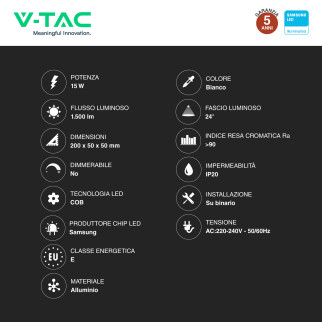 V-Tac VT-415 Faretto LED da Binario Track Light COB Chip Samsung