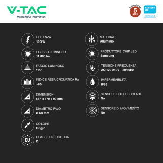 V-Tac VT-59ST Lampada Stradale LED Samsung SMD IP65 Grigio