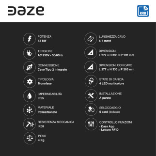 Wallbox 7,4kW Monofase IP55 con Cavo Tipo 2 Bluetooth Wi-Fi Daze
