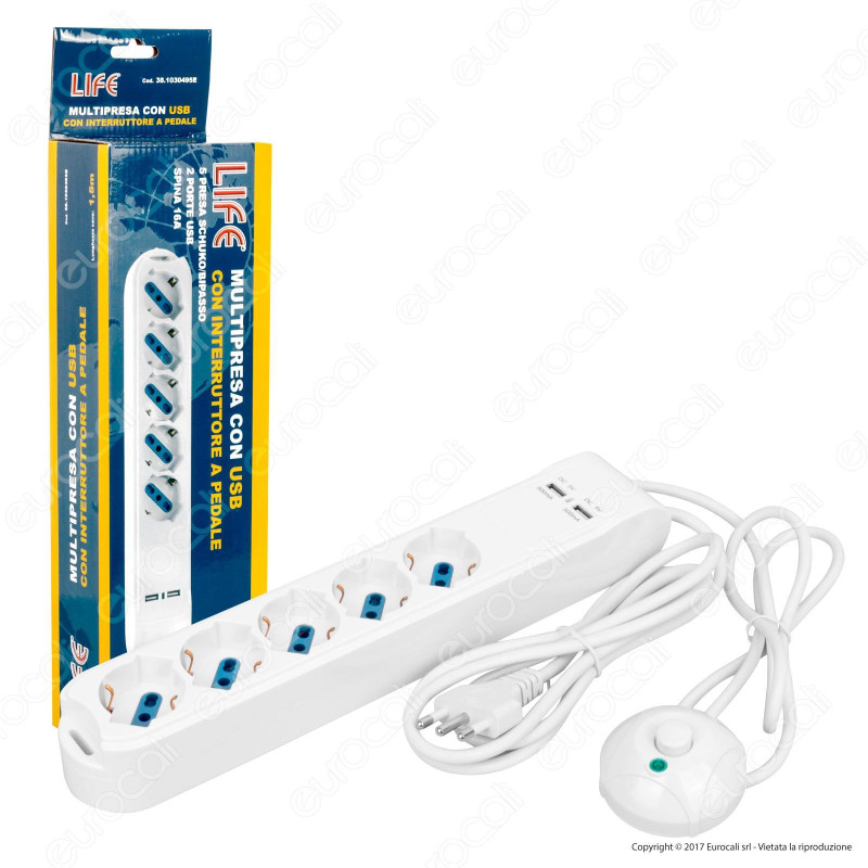 Life Multipresa 5 Posti e 2 Prese USB Colore Bianco con Interruttore Life Multipresa 5 Posti e 2 Prese USB Colore Bianco con Interruttore