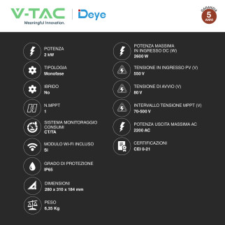 V-Tac Inverter Monofase On-Grid 2kW IP65 CEI 0-21
