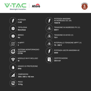 V-Tac Inverter Monofase On-Grid 5kW IP65 CEI 0-21
