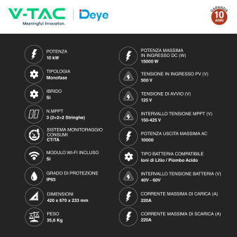 V-Tac Inverter Monofase Ibrido On-Grid / Off-Grid 10kW IP65