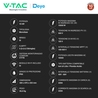V-Tac Inverter Monofase Ibrido On-Grid / Off-Grid 10kW IP65