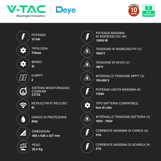V-Tac Inverter Trifase Ibrido On-Grid / Off-Grid 10kW IP65 CEI 0-21
