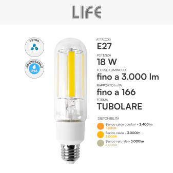 Life Lampadina LED E27 18W Tubolare T46 Filament IP65