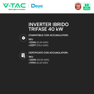 V-Tac Deye Inverter Trifase On-Grid / Off-Grid 40kW IP65 CEI 0-21 CEI 0-16