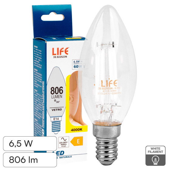 Life Lampadina LED E14 6,5W Candela C35 Filament Bianco Life Lampadina LED E14 6,5W Candela C35 Filament Bianco