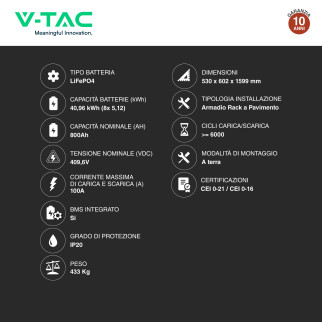V-Tac Armadio Rack a Pavimento 8 Accumulatori LifePO4 40,96 kWh