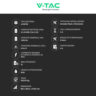 V-Tac Kit 12 Batterie BMS Stack LiFePO4 Fotovoltaico Rack con Base
