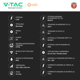 V-Tac Inverter Monofase Ibrido On-Grid / Off-Grid 5kW IP66