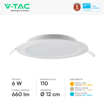 V-TAC PRO VT-61006 Mini Pannello LED Rotondo 6W SMD da Incasso