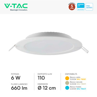 V-TAC PRO VT-61006 Mini Pannello LED Rotondo 6W SMD da Incasso