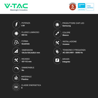 V-TAC PRO VT-61006 Mini Pannello LED Quadrato 6W SMD da Incasso