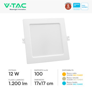 V-TAC PRO VT-61012 Mini Pannello LED Quadrato 12W SMD da Incasso