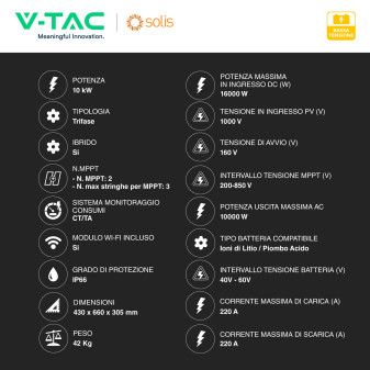 V-Tac Solis Inverter Trifase On-Grid / Off-Grid 10kW IP66