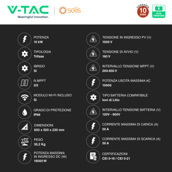 V-Tac Inverter Trifase Ibrido 10kW CEI 0-21 e 0-16