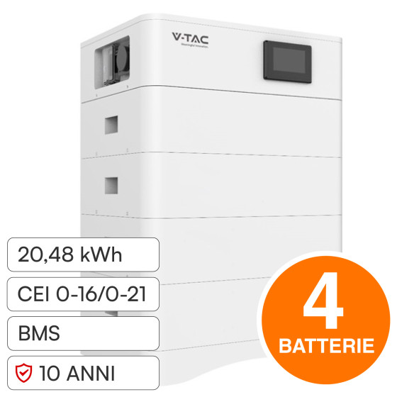 V-Tac Kit 4 Batterie BMS Stack LiFePO4 Fotovoltaico CEI 0-21 e 0-16 V-Tac Kit 4 Batterie BMS Stack LiFePO4 Fotovoltaico CEI 0-21 e 0-16