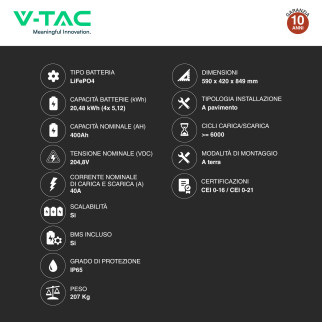 V-Tac Kit 4 Batterie BMS Stack LiFePO4 Fotovoltaico CEI 0-21 e 0-16