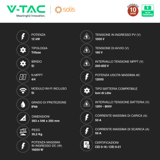 V-Tac Inverter Trifase Ibrido On-Grid/Off-Grid 12kW CEI 0-21 0-16