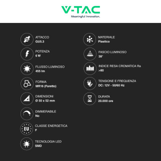 V-Tac VT-267 Lampadina LED GU5.3 6W Faretto MR16 SMD