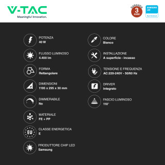 V-Tac Pro VT-6147 6 Pannelli LED Rettangolari 120x30 40W