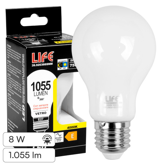 Life Lampadina LED E27 8W Goccia A60 Filament Vetro Bianco con Sensore Life Lampadina LED E27 8W Goccia A60 Filament Vetro Bianco con Sensore