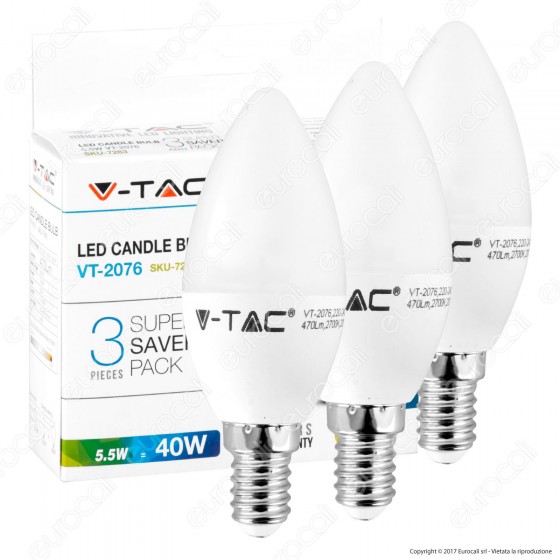 V-Tac VT-2055 Super Saver Pack Confezione 3 Lampadine LED E14 5W Candela - SKU 7263 / 7264 / 7265