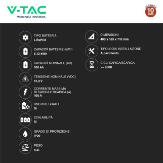 V-Tac Batteria BMS LiFePO4 51,2V 100Ah 5,12kWh Garanzia 10 Anni Nero