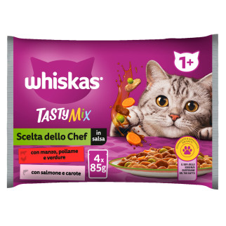 Cibo per Gatti Manzo Pollame Verdure Salmone Carote Whiskas