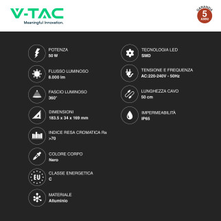V-Tac VT-44051 Faro LED 50W Faretto SMD IP65 160 lm/W