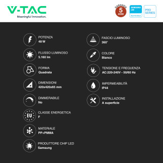 V-Tac Pro VT-8630 Plafoniera LED Quadrata 48W Chip Samsung IP44