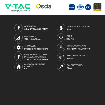 Pannelli Fotovoltaici 440W STC 488W BNPI TOPCon IP68 V-Tac Austa Osda