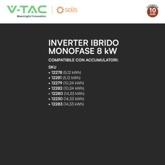V-Tac Inverter Monofase Ibrido On-Grid / Off-Grid 8kW IP66