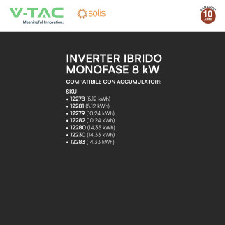 V-Tac Inverter Monofase Ibrido On-Grid / Off-Grid 8kW IP66