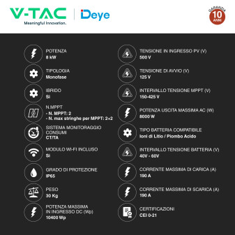V-Tac Inverter Monofase Ibrido On-Grid / Off-Grid 8kW IP65