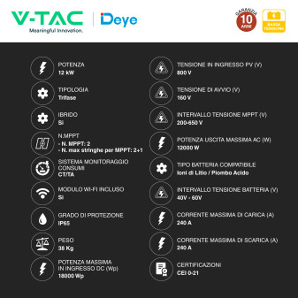 V-Tac Deye Inverter Trifase On-Grid / Off-Grid 12kW IP65