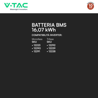 V-Tac Batteria BMS LiFePO4 51,2V 314Ah 16,07kWh Garanzia 10 Anni Nera