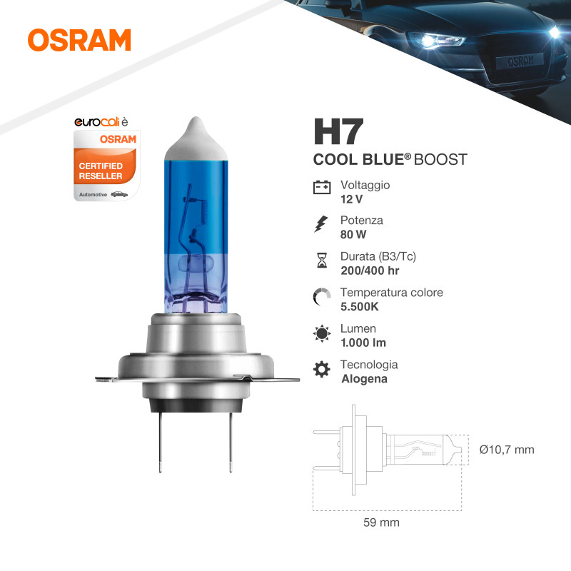 Coppia Lampade Osram Cool Blue Boost H7 12V 80W Luce Iperbianca Look Led