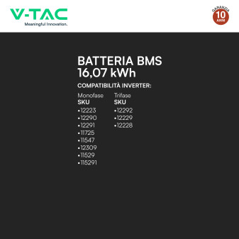 V-Tac Batteria BMS LiFePO4 51,2V 314Ah 16,07kWh Garanzia 10 Anni