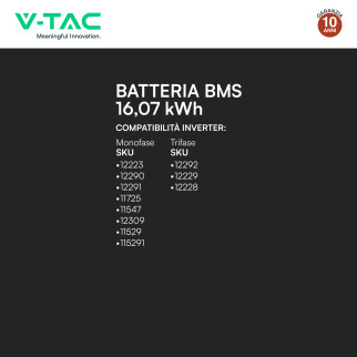 V-Tac Batteria BMS LiFePO4 51,2V 314Ah 16,07kWh Garanzia 10 Anni