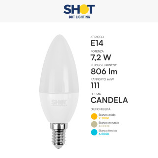 Bot Lighting Shot Lampadina LED E27 7,2W Candela C38 SMD