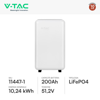 V-Tac Batteria BMS LiFePO4 51,2V 200Ah 10,24kWh per Inverter CEI 0-21