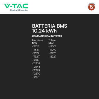 V-Tac Batteria BMS LiFePO4 51,2V 200Ah 10,24kWh per Inverter CEI 0-21