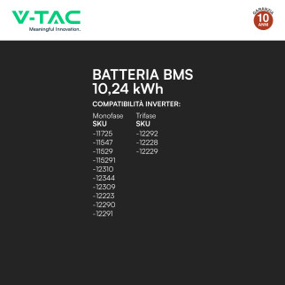 V-Tac Batteria BMS LiFePO4 51,2V 200Ah 10,24kWh