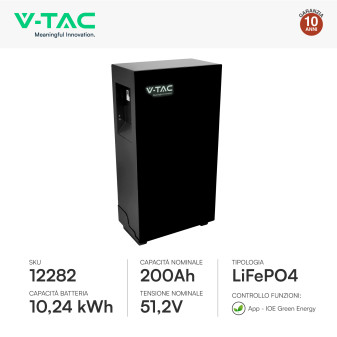 V-Tac Batteria BMS LiFePO4 51,2V 200Ah 10,24kWh Colore Nero